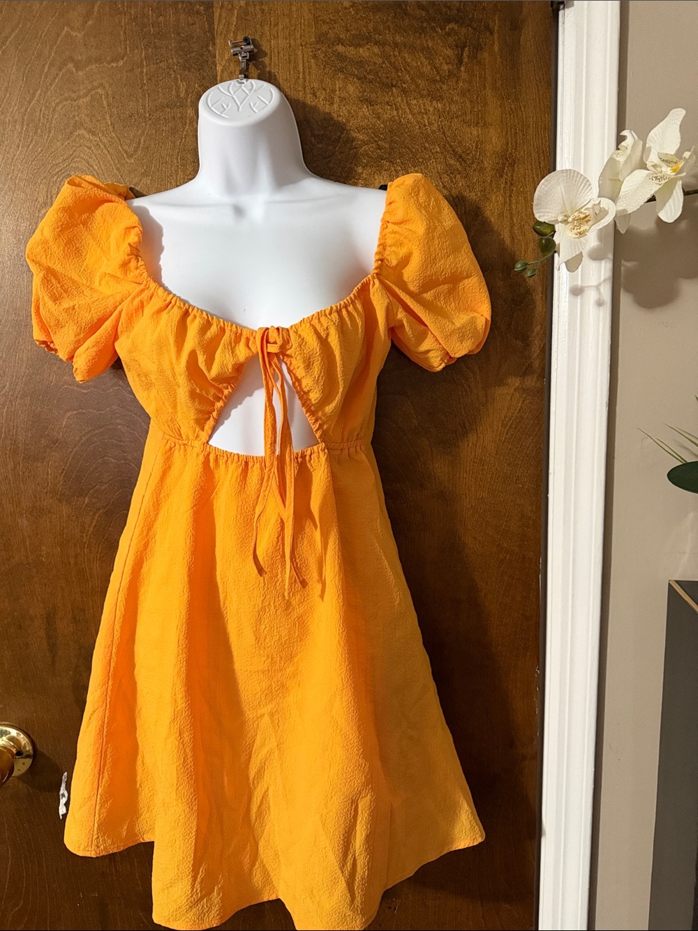 H&M Bright Orange Puff Sleeve Cutout Mini Dress